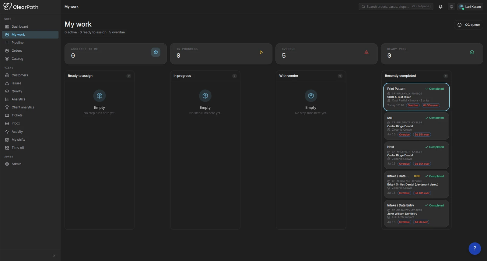 ClearPath My Work dashboard showing assigned steps, pipeline stages, overdue tracking and recently completed work